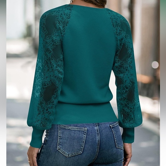 Teal v neck lace long sleeve, knitted top - size S NWT - Picture 2 of 6
